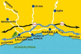 P� kystvejen N-340 (den bl�) drejer man mod Guadalmina ved km. 170.