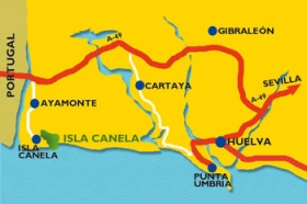Tag motorvejen fra M�laga til Sevilla. Fra Sevilla forts�t ad motorvej A-49 til Huelva og Portugal. F�r Huelva deler motorvejen sig - v�lg vejen mod Portugal. Tag frak�relsen til Ayamonte Norte og forts�t forbi Ayamonte i retning mod stranden.