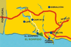 Tag motorvejen fra M�laga til Sevilla. Fra Sevilla forts�t ad motorvej A-49 til Huelva og Portugal. F�r Huelva deler motorvejen sig - v�lg vejen mod Portugal.  Tag frak�relsen 105 til Cartaya (Playas). Fra Cartaya forts�ttes mod El Rompido.