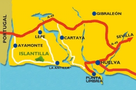 Tag motorvejen fra M�laga til Sevilla. Fra Sevilla forts�t ad motorvej A-49 til Huelva og Portugal. F�r Huelva deler motorvejen sig -v�lg vejen mod Portugal. Tag frak�rsel 117 til Lepe. Fra Lepe forts�t til La Antilla, og f�lg herfra skiltene til golfbane